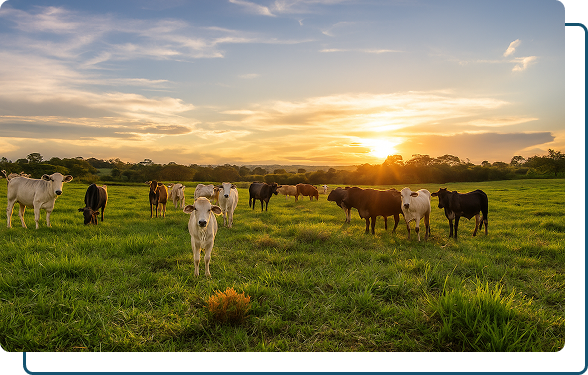 Rebanho em pasto ao pôr do sol